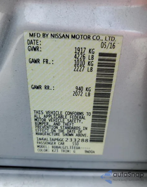 2016 Nissan Altima 2.5/2.5 S/2.5 Sl/2.5 Sr/2.5 Sv from USA, damaged, VIN 1N4AL3AP6GC233288